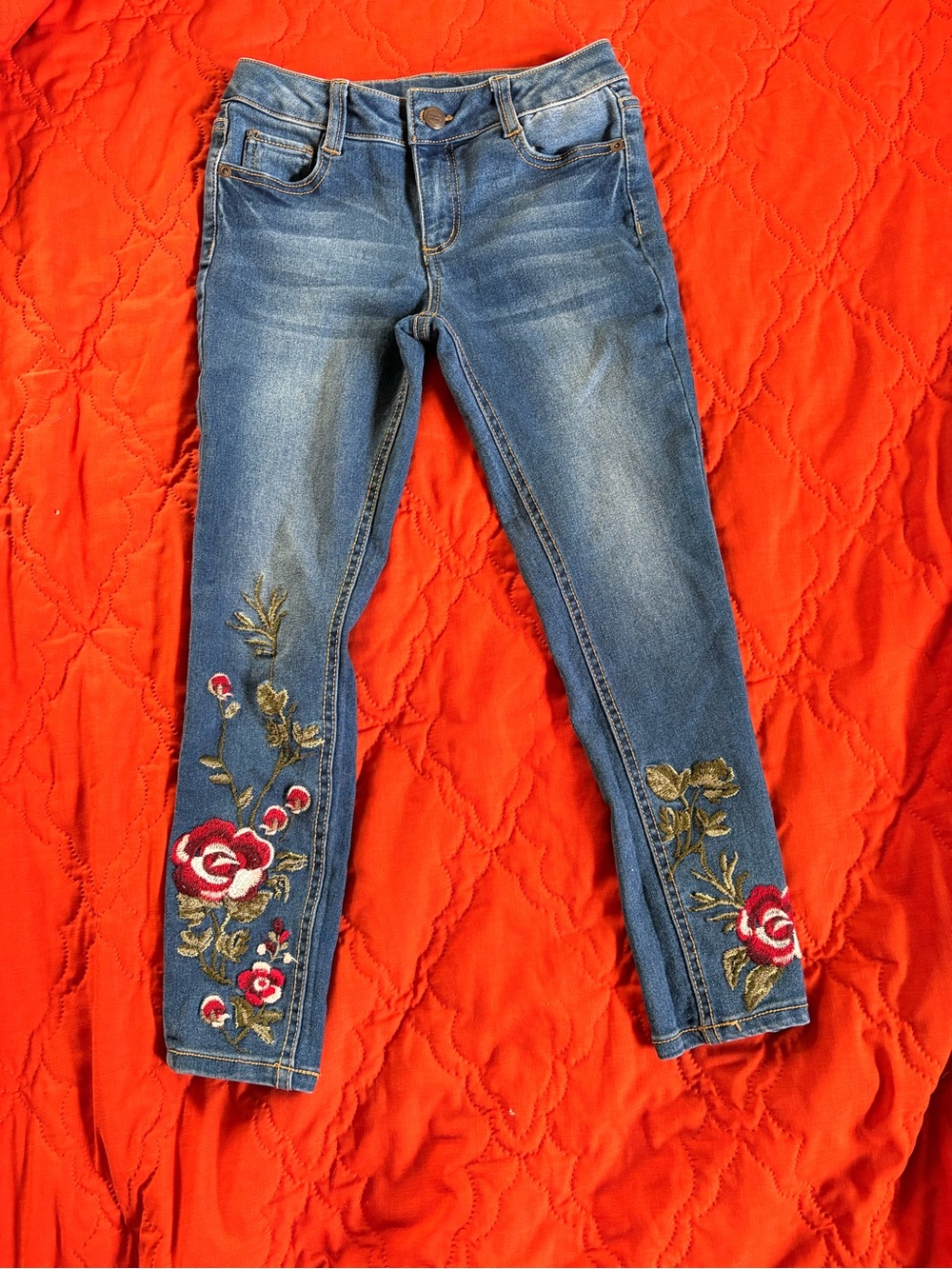 wonder nation Blue Denim Jeans with Red & Gold Floral Embroidery